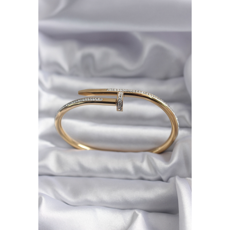 316L Çelik Gold Renk Çivi Model Zirkon Taş Detay Kadın Bileklik 5886