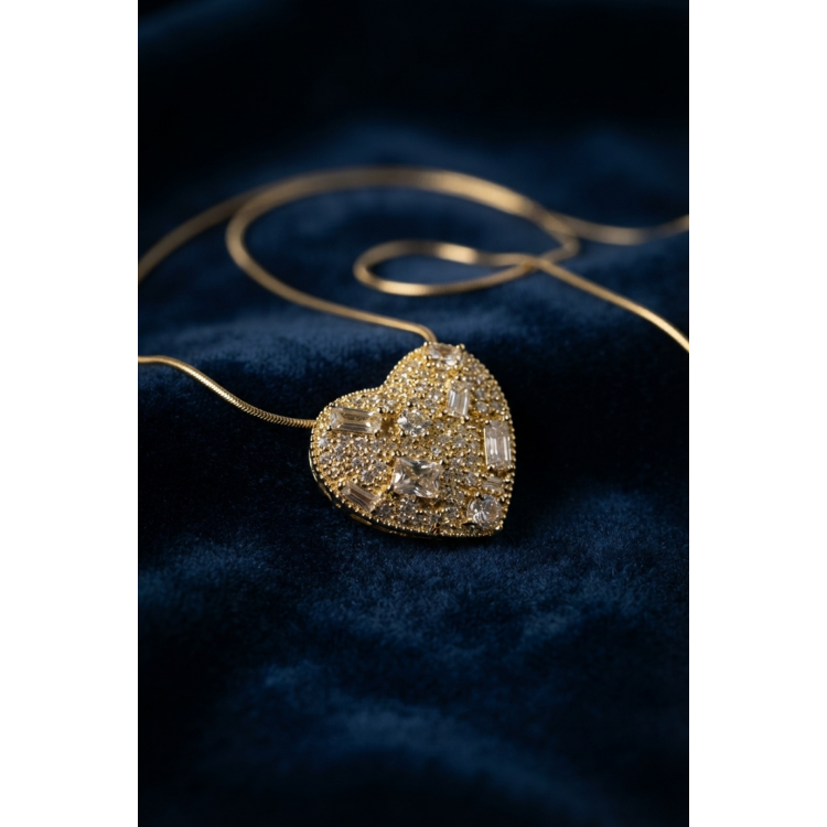 316L Çelik Zincir Gold Renk Zirkon Taşlı Kalp Model Kadın Kolye 5886