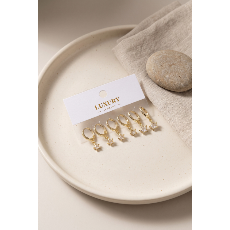 Yıldız Zirkon Taşlı Gold Renk Pirinç Set Küpe 5886