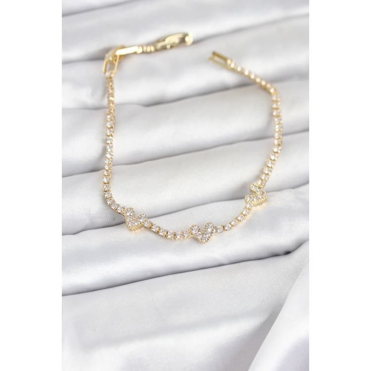 Pirinç Gold Renk Kalp Model Zirkon Taşlı Su Yolu Kadın Bileklik 5886