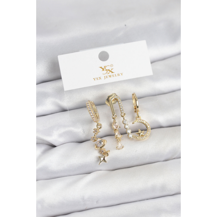 Pirinç Gold Renk Zirkon Taşlı Uzay Model YSX Trio Küpe Seti 5886
