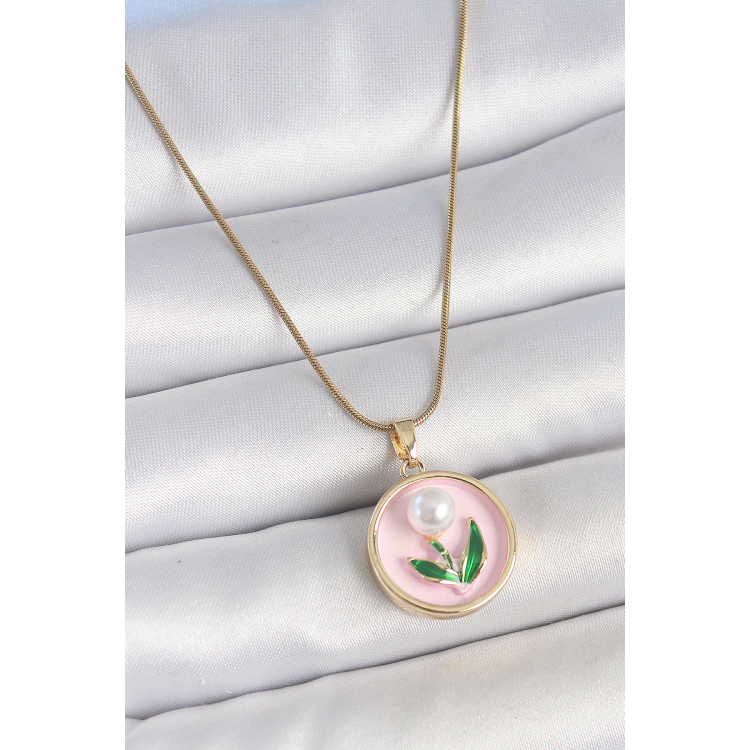316L Çelik Gold Renk Zincir Pembe Mineli İncili Çiçek İşlemeli Portre Model Kadın Kolye 5886