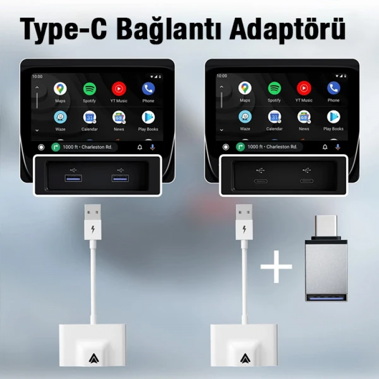 Ally Usb+Type-C Android Kablosuz Carplay Adaptör Çevirici - Youtube Netflix Tiktok Video Yansıtıcı-(5775)