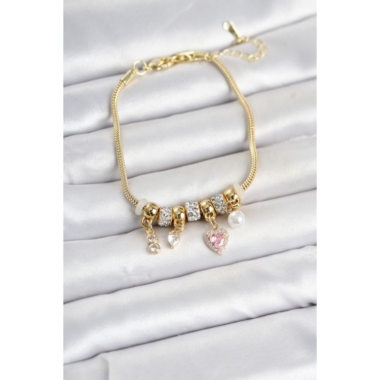 Brass Gold Color Heart Detailed Charm Women's Bracelet TJ-BB8456
