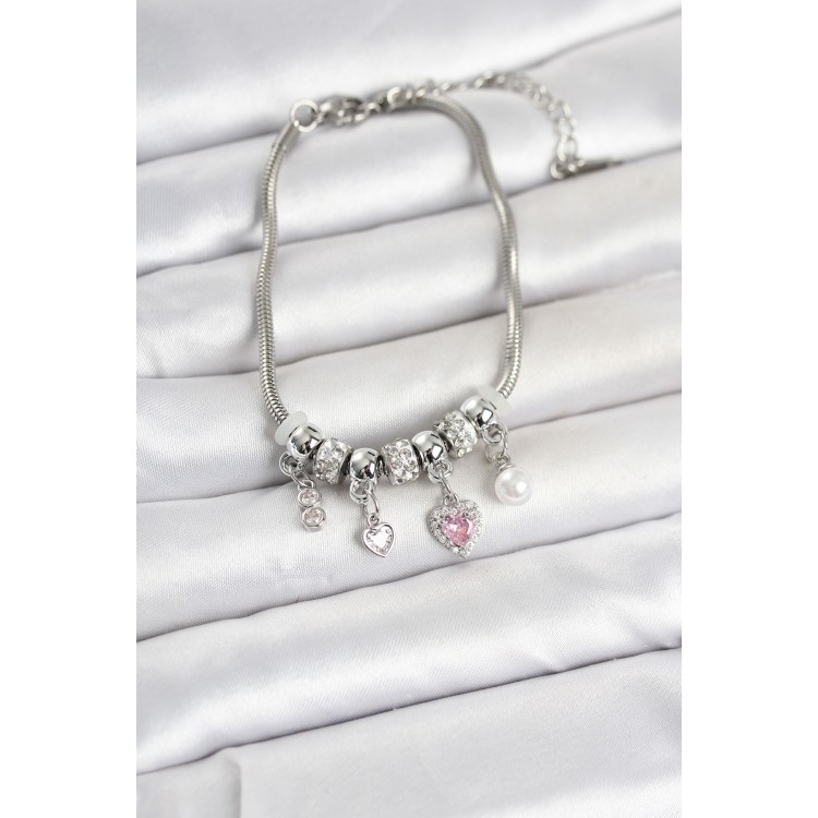 Brass Silver Color Heart Detailed Charm Women's Bracelet TJ-BB8457