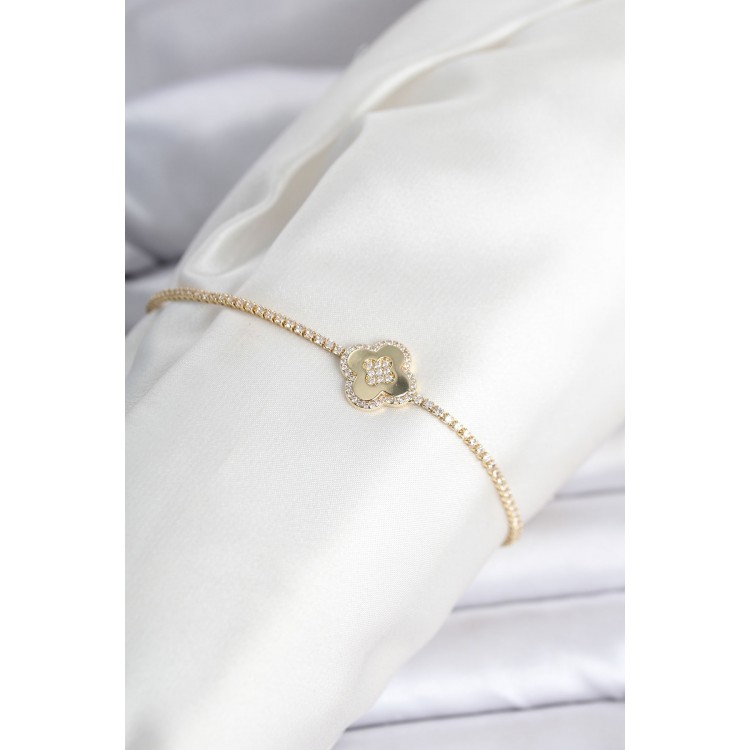 Brass Gold Color Zircon Stone Clover Model WaterYolu Women's Bracelet TJ-BB8476