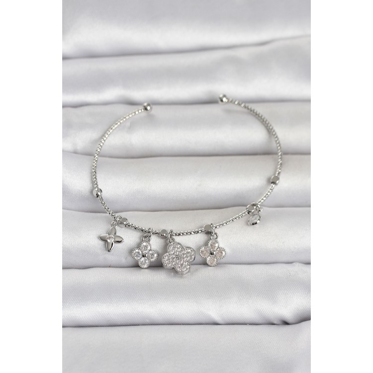 Silver Color Brass Clover Detailed Charm Women's Bracelet TJ-BB8483