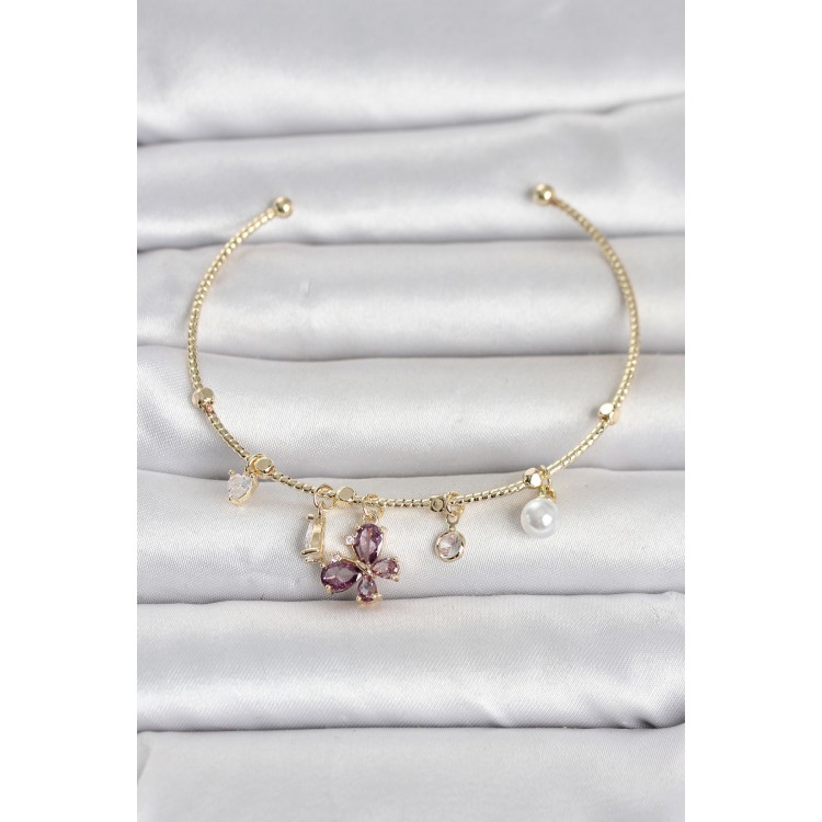 Brass Gold Color Purple Detailed Charm Women's BraceletTJ-BB8486