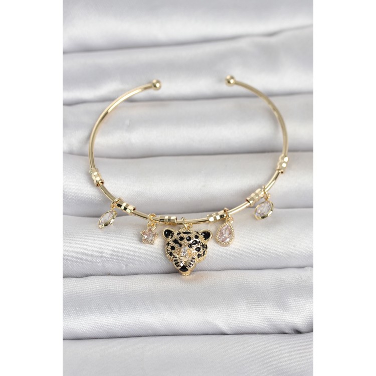 Pirinç Gold Renk Leopar Detaylı Charmlı Kadın Bileklik TJ-BB8490