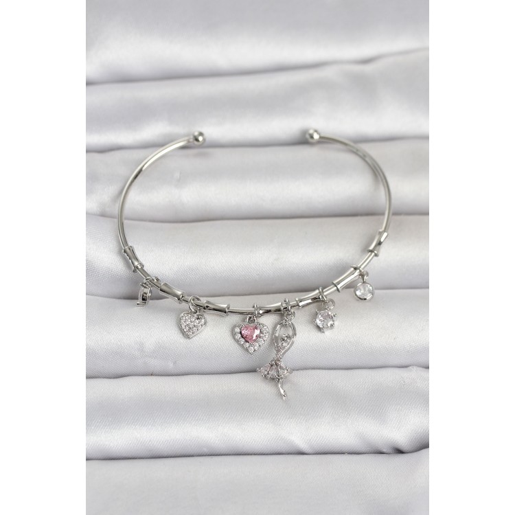 Brass Silver Color Ballerina Detailed Charm Women's BraceletTJ-BB8491