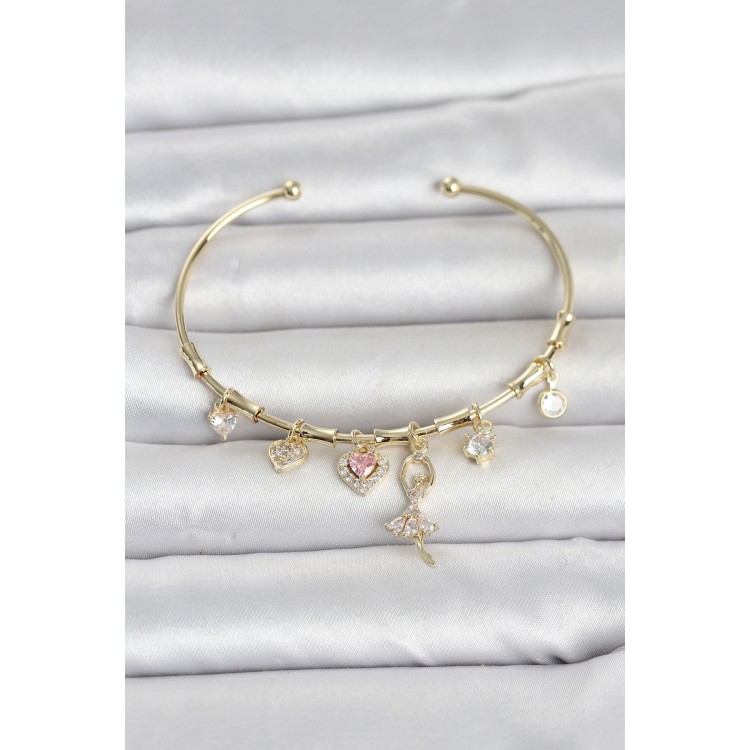 Brass Gold Color Ballerina Detailed Charm Women's BraceletTJ-BB8492