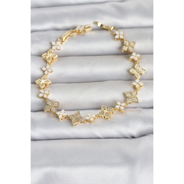 Pirinç Zirkon Taşlı ve Mineli Yonca Model Gold Renk Kadın Bileklik TJ-BB8497