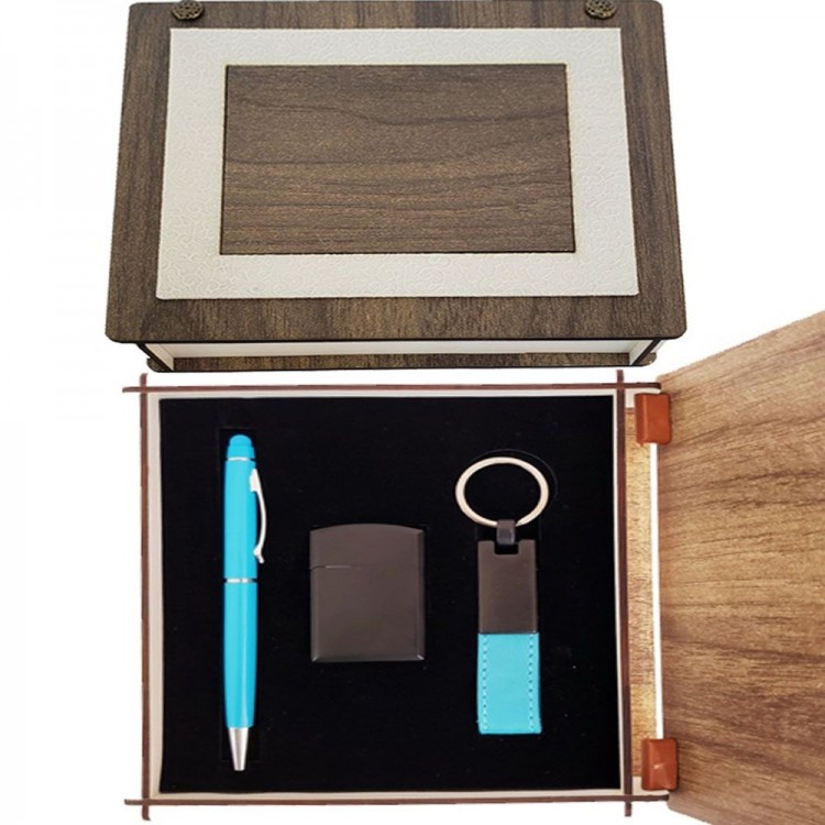 Blue Pen Keychain and Lighter Set with Special Wooden Box