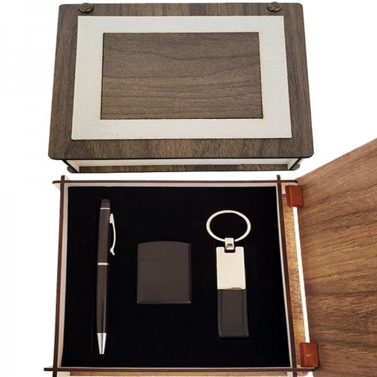 Black Keychain Pen and Lighter Set with Special Wooden Box