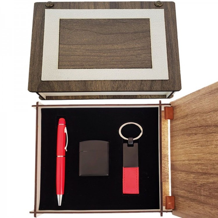 Red Pen Keychain and Lighter Set with Special Wooden Box