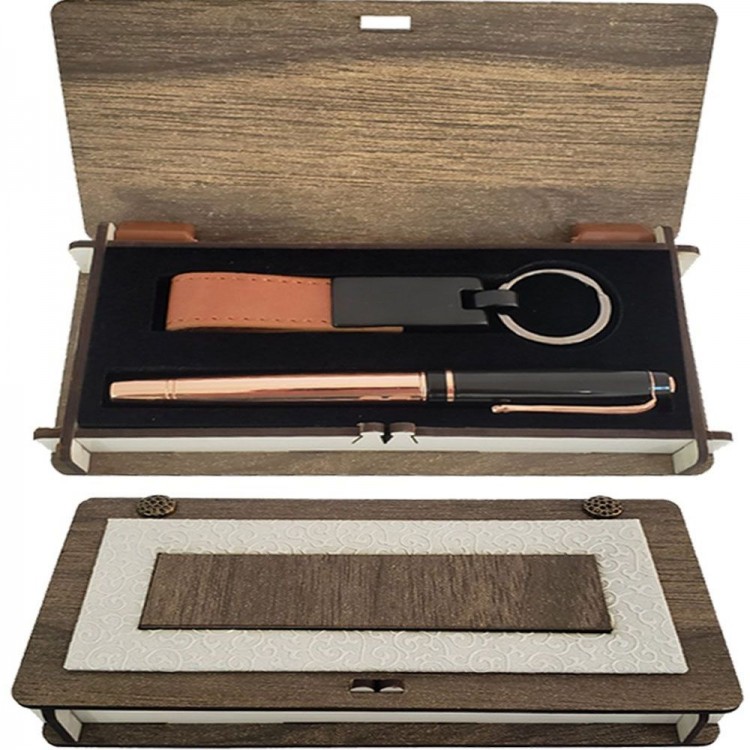 Copper Pen Keychain Set with Wooden Box