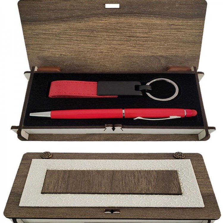Red Keychain and Pen Set with Wooden Box
