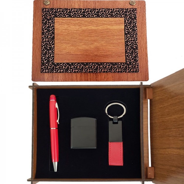 Red Pen Keychain and Lighter Set with Wooden Box