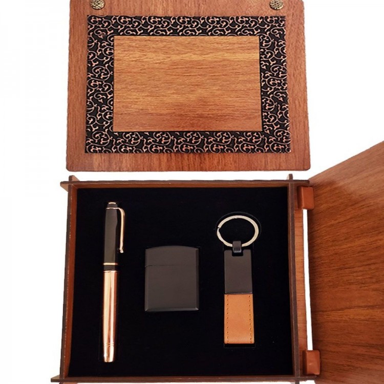 Wooden Boxed Copper Rollerball Pen, Tan Color Keychain and Lighter Set
