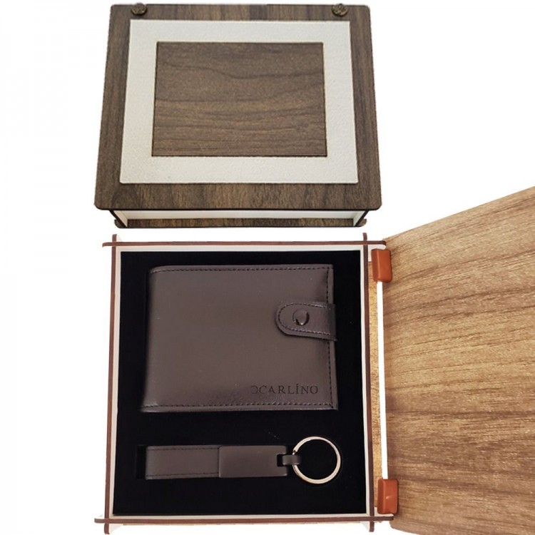 Leather Wallet Keychain Set with Wooden Box