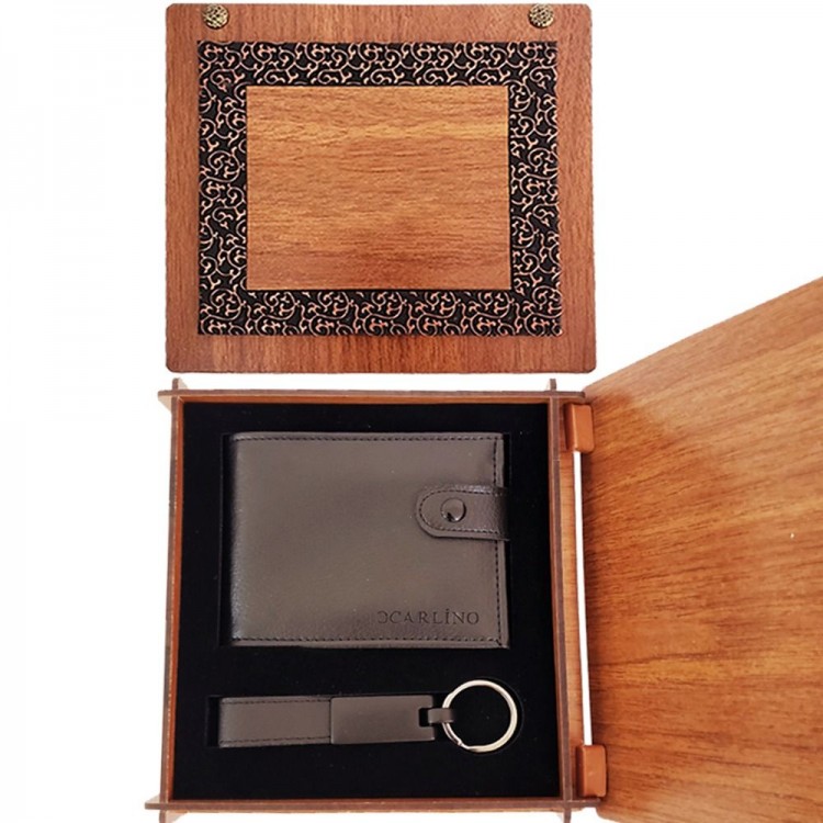 Wallet with Wooden Box and Matte Black Keychain