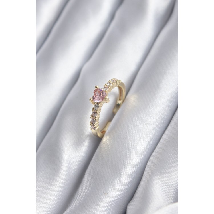 Gold Zircon Stone Pink Crystal Heart Model Women's Ring - TJ-BYK2852 Gold Zircon Stone Pink Crystal Heart Model Women's Ring - TJ-BYK2852