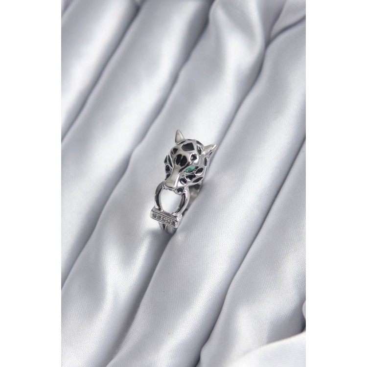 Silver-Coloured Leopard Model Zircon Stone Detail VIP Women's Ring - TJ-BYK2854