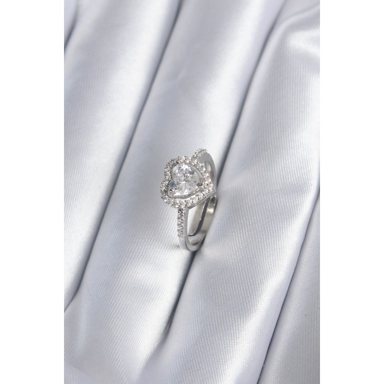 Brass Silver-Coloured Zircon Stone Heart Charm Model Women's Ring - TJ-BYK2857