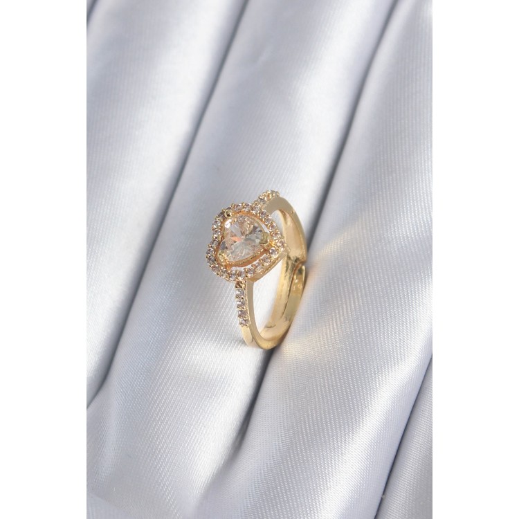 Brass Gold-Coloured Zircon Stone Heart Charm Model Women's Ring - TJ-BYK2858
