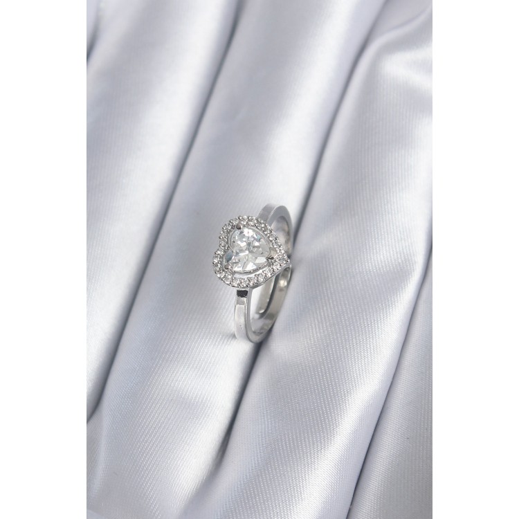 Brass Silver Colour Zircon Stone Heart Charm Model Women's Ring - TJ-BYK2861