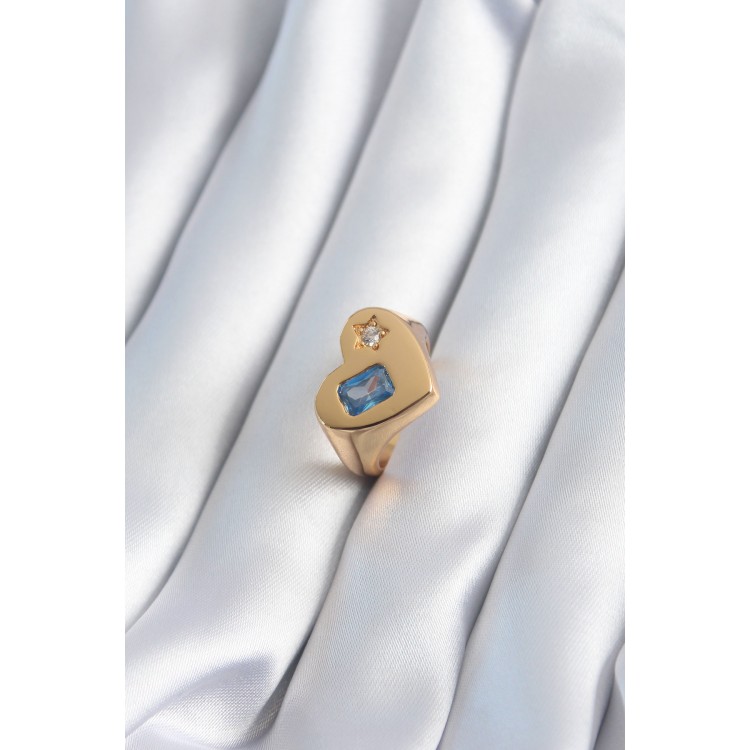 Brass Gold Colour Heart Model Zircon Stone Star Detail Women's Ring - TJ-BYK2895 Brass Gold Colour Heart Model Zircon Stone Star Detail Women's Ring - TJ-BYK2895