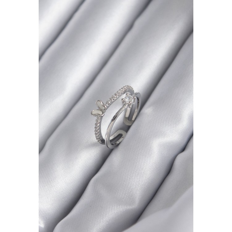 Brass Silver Colour Zircon Stone Butterfly Model Women's Ring - TJ-BYK2932