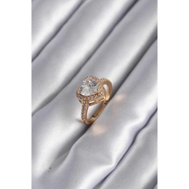 Brass Gold-Coloured Zircon Stone Heart Charm Model Women's Ring - TJ-BYK2953