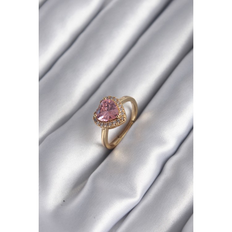 Brass Gold Colour Pink Zircon Stone Heart Charm Model Women's Ring - TJ-BYK2955 Brass Gold Colour Pink Zircon Stone Heart Charm Model Women's Ring - TJ-BYK2955