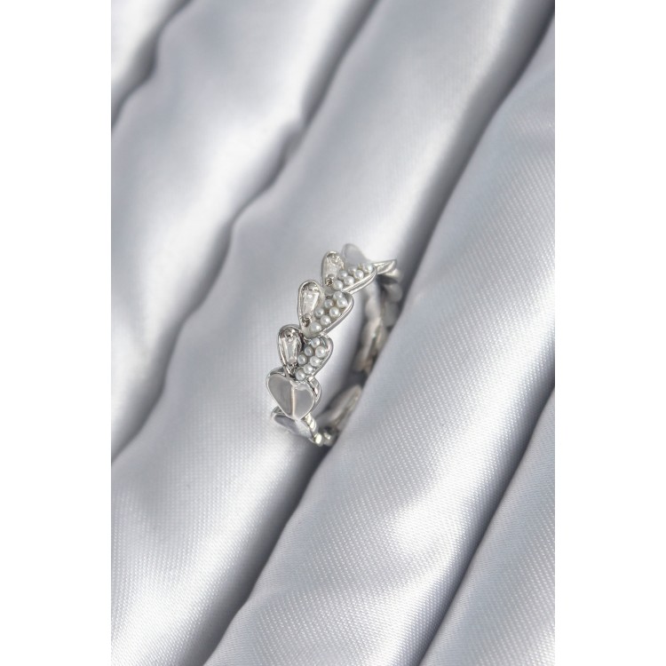 Brass Silver-Coloured Heart Model Pearl Detail Women's Ring - TJ-BYK2982