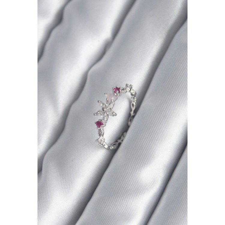 Brass Silver-Coloured Zircon Stone Flower Model Pink Zircon Stone Detail Women's Ring - TJ-BYK2984