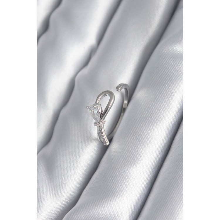 Brass Silver Colour Zircon Stone Detail Ribbon Model Women's Ring - TJ-BYK2992