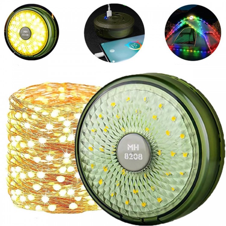 Rechargeable 10-Meter LED Camping Lantern with Charge Indicator, 8 Light Modes, Moving Light, and Flashing Mode