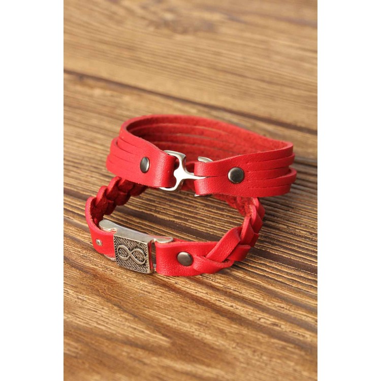 Patterned Metal Accessory Red Leather Men's Bracelet Combination - TJ-EB2804