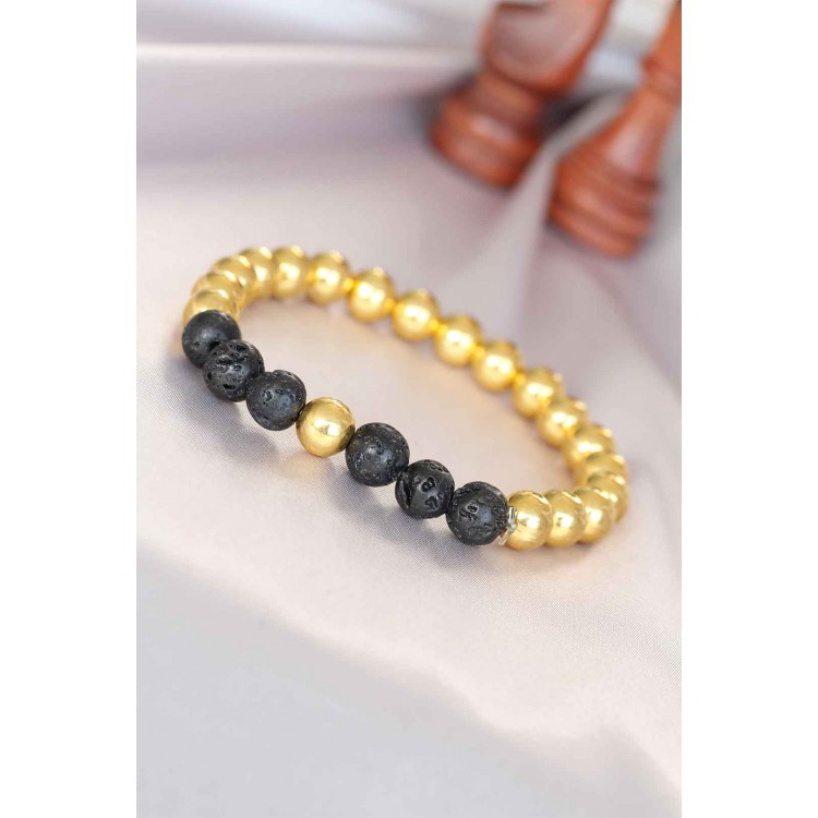 Lav Doğal Taş Detaylı Hematit Gold Renk Erkek Bileklik - TJ-EB3006