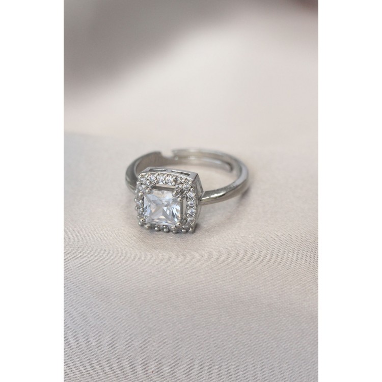 Gümüş Renk Baget ve Zirkon Taşlı Kare Yüzük - TJ-BYK1740