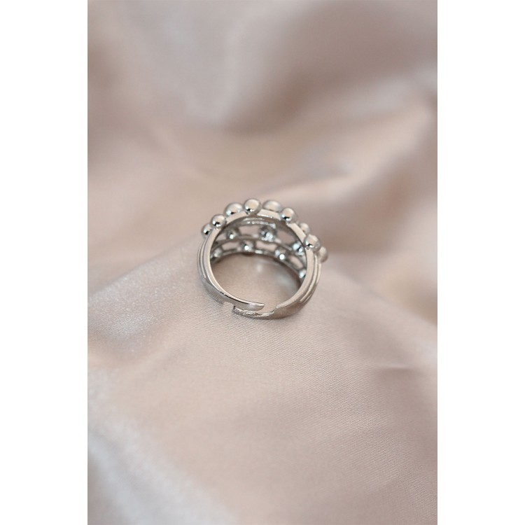 Adjustable Silver Color Metal Domed Beaded Model Ring - TJ-BYK2059