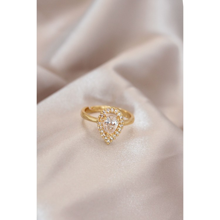 Ayarlamalı Gold Renk Metal Zirkon Taşlı Damla Model Yüzük - TJ-BYK2071 Ayarlamalı Gold Renk Metal Zirkon Taşlı Damla Model Yüzük - TJ-BYK2071