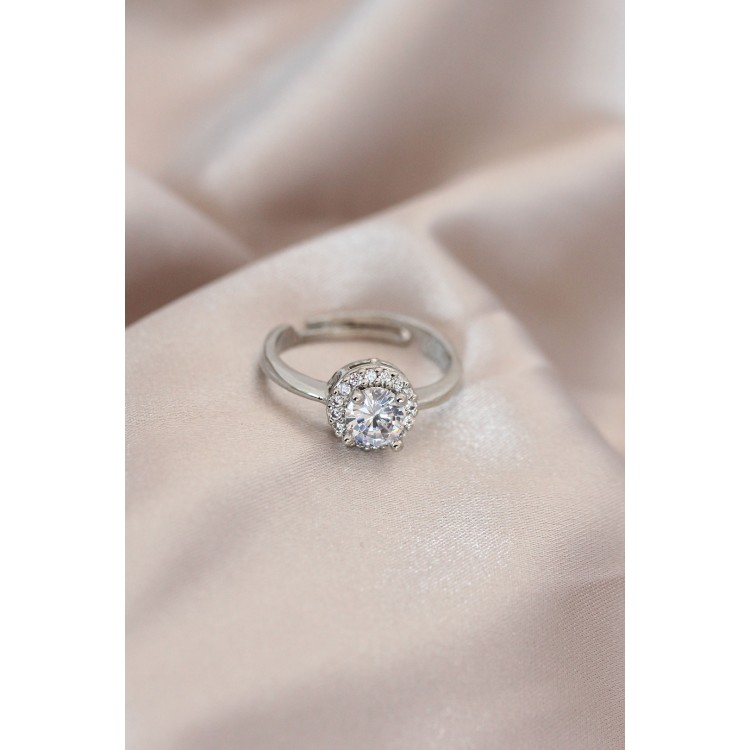 Ayarlamalı Gümüş Renk Metal Zirkon ve Kristal Taşlı Oval Model Yüzük - TJ-BYK2073