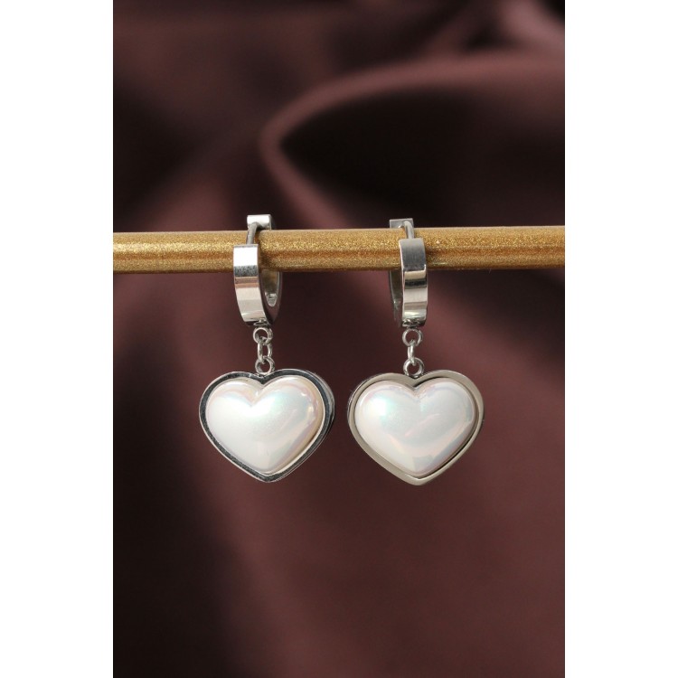 316L Çelik Gümüş Renk Beyaz Bombeli Kalp Küpe - TJ-BKP6316