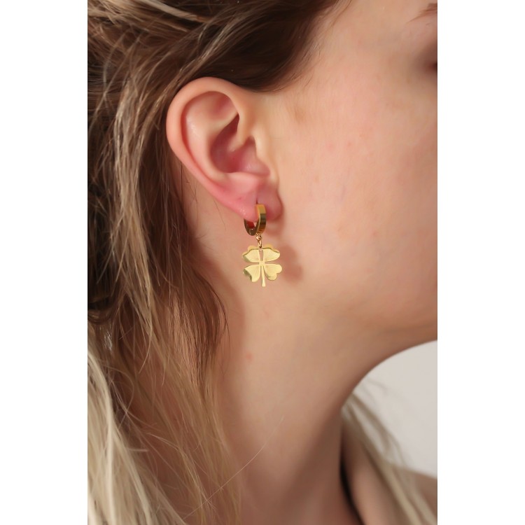 316L Çelik Gold Renk Yonca Küpe - TJ-BKP6327