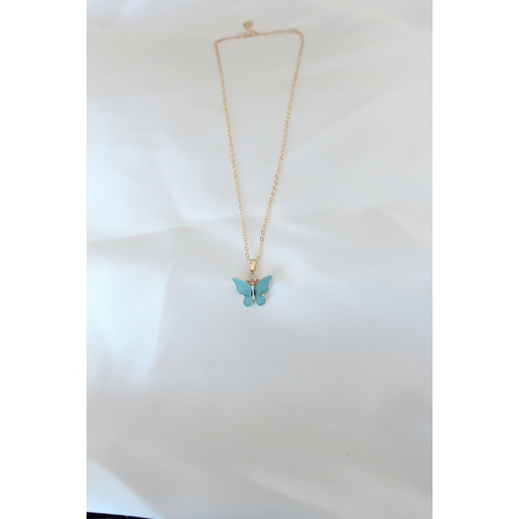 Gold-Plated Turquoise-Colored Mother-of-Pearl Butterfly Necklace - TJ-BKO6437