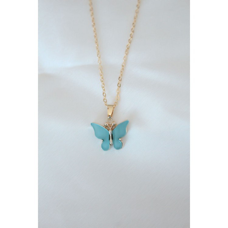 Gold-Plated Turquoise-Colored Mother-of-Pearl Butterfly Necklace - TJ-BKO6437