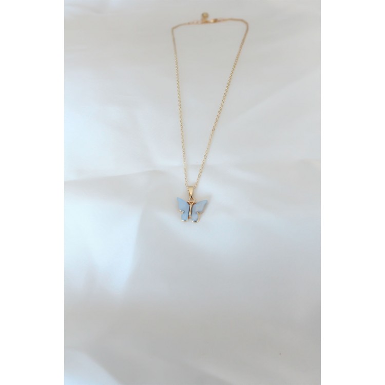 Gold-Plated Ice Blue Mother-of-Pearl Butterfly Necklace - TJ-BKO6438