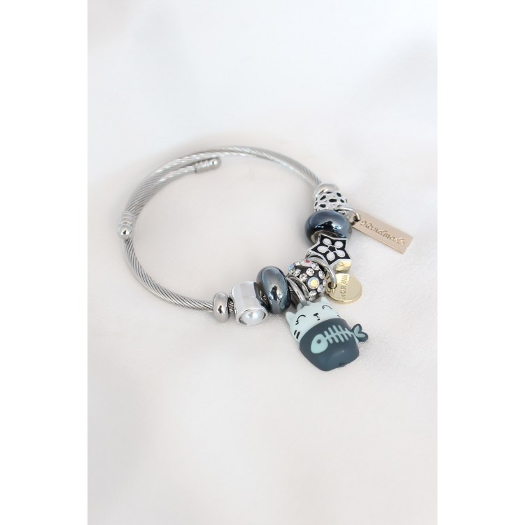 Blue Cat Figure Star Detail Silver Color Charm Steel Women's Bracelet - TJ-BB4483